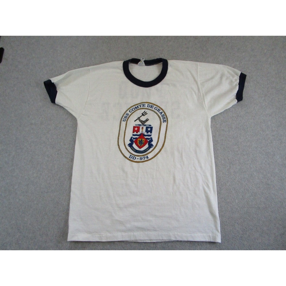 Vintage U.S. Navy Shirt Mens Medium White USS Comte De Grasse DD-974 Navy Food